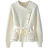 MakeMeChic Women's Wrap Asymmetrical Neck Cardigan Long Sleeve Button Down Belted Business Sweater