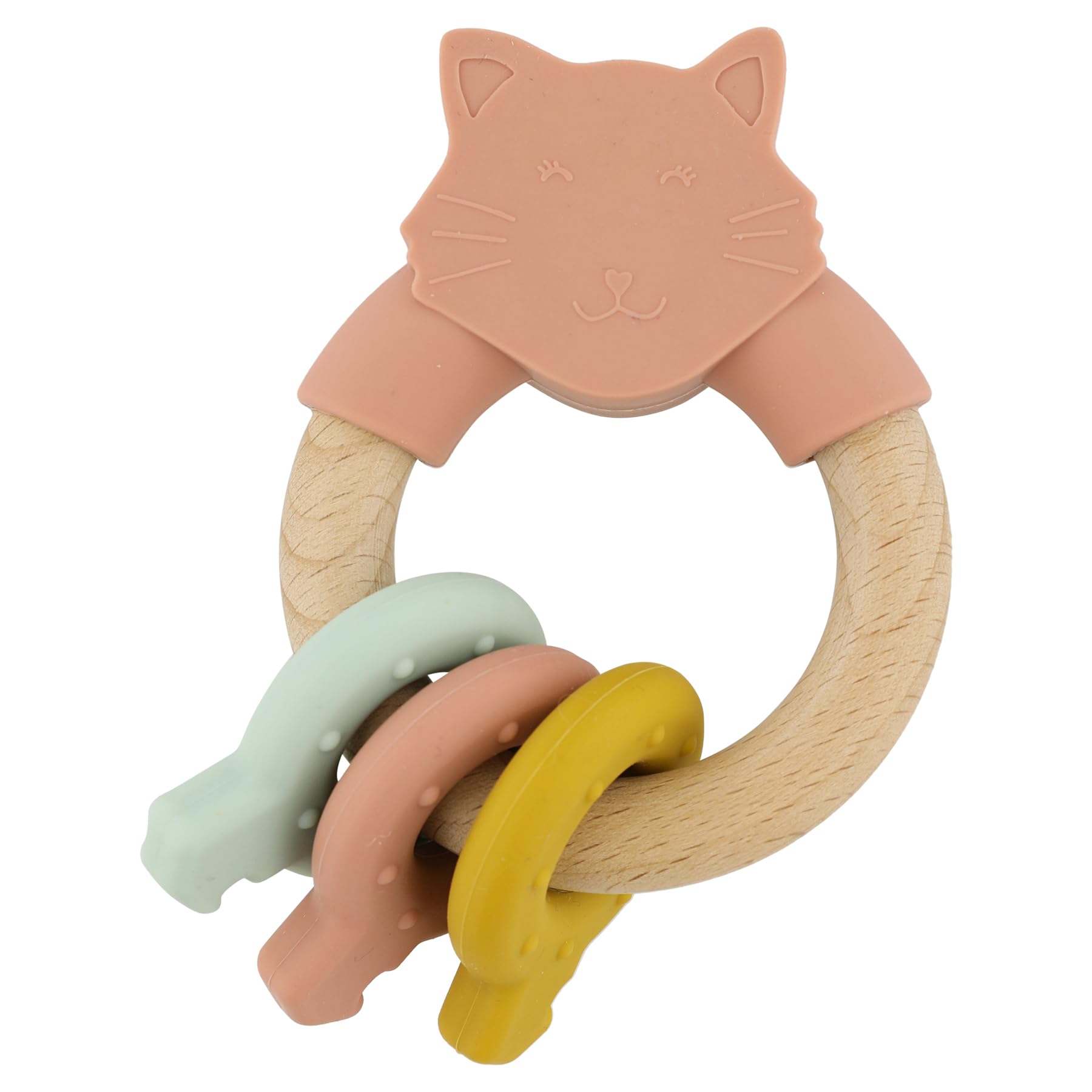 Trixie Wooden & Silicone Activity Ring - Mrs. Cat | Sensory Baby Toy | Safe Teether & Rattle | Developmental Toy for Babies