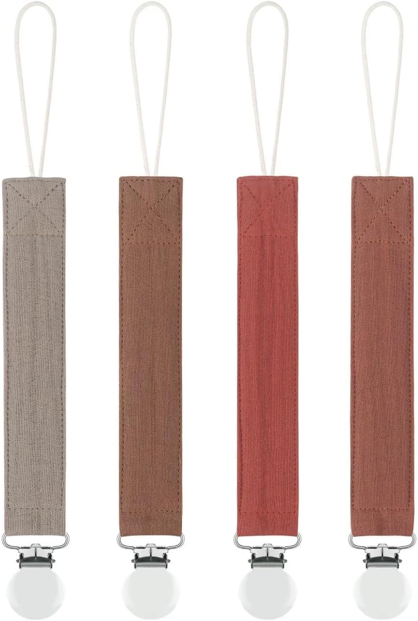 MoodyBaby Soft Organic Muslin Cotton Dummy Clips 4 Pack Neutrals Rust Brown