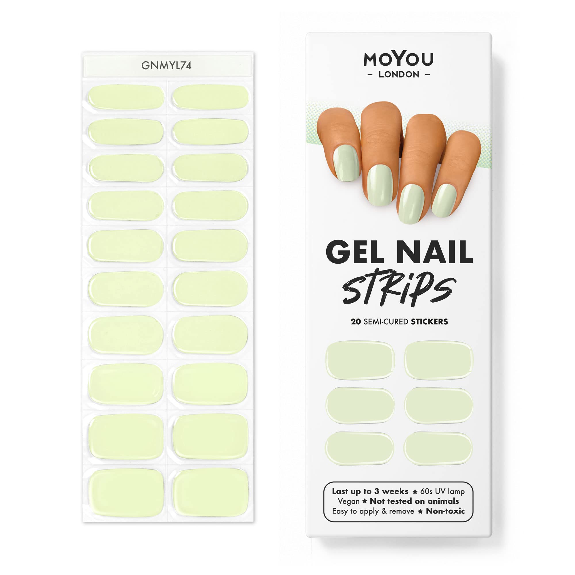 MOYOU LONDON Semi Cured Gel Nail Strips - 20 Pcs. Waterproof Gel Nail Wraps, Cures in Sunlight or UV/LED Lamp, Lasts Up to 2+ Weeks, Stretchable, Easy to Apply & Remove, Vegan & Cruelty-Free