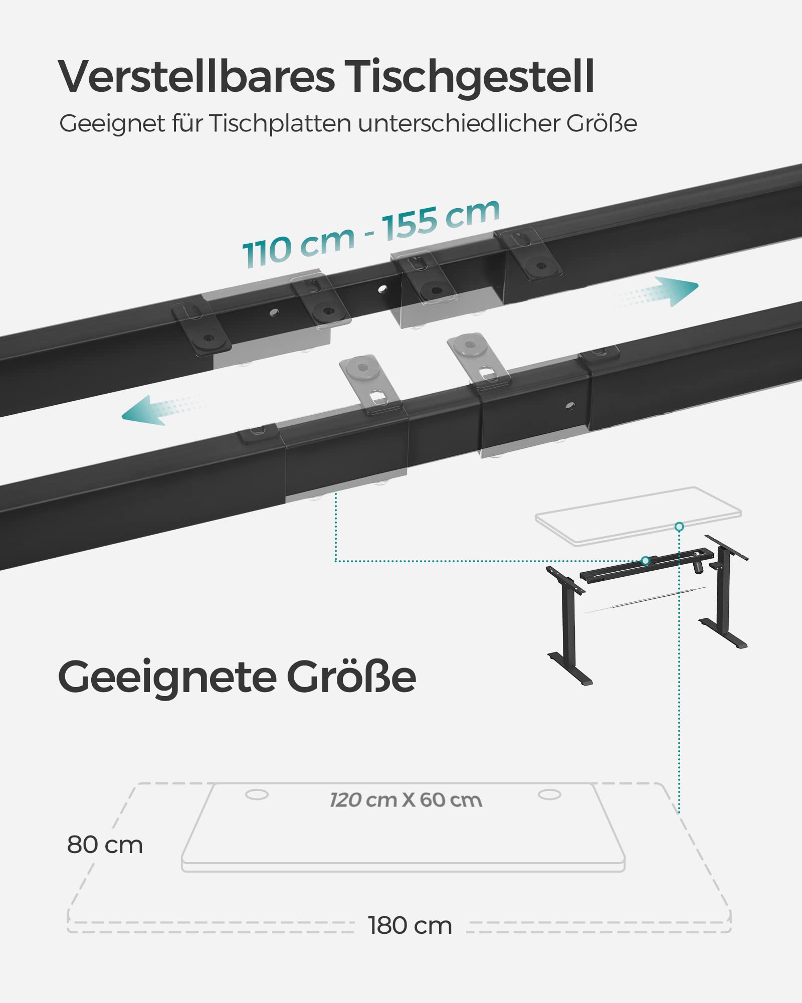 SONGMICS Tischgestell, höhenverstellbar, Schreibtischgestell, elektrischer Schreibtisch, Tischständer mit Motor, Länge verstellbar, Stahl, schwarz LSD010B01 5