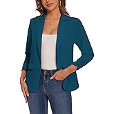 LADI TREND Women's Casual Single Button Front Blazer Ruched 3/4 Sleeve Notched Lapel Office Lightweight Blazers with Pockets