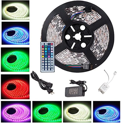 TopAcce 16.4 ft 5M Waterproof 5050 SMD RGB LED Flexible Strip Light RGB Color Changing Decoration Lighting LED Strip Light + 44 key Remote Controller+ US Power Adapter