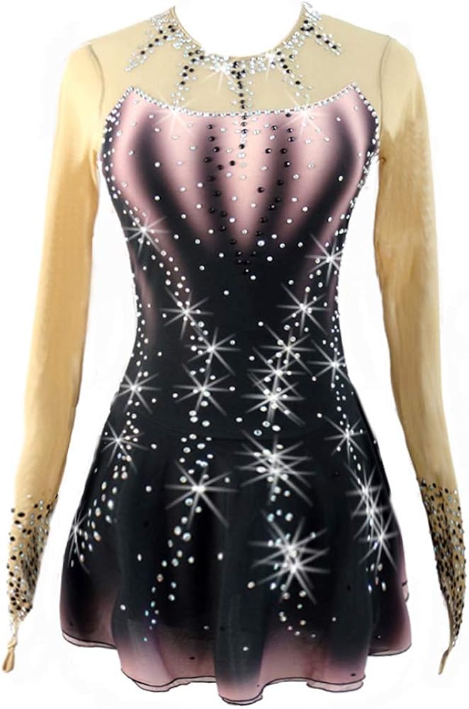 Black Gradient Ice Figure Skating Dress Gradient Beaded Long Sleeves Roller Skating