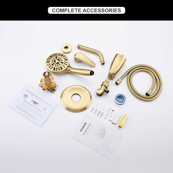 KIRLYSTONE TUB SHOWER FAUCET COMBO, BRUSHED GOLD SHOWER SYSTEM 10 PATTERNS HANDHELD SHOWER HEAD WITH TUB SPOUT, SHOWER TRIM KIT WITH SHOWER HEAD & BRASS VALVE