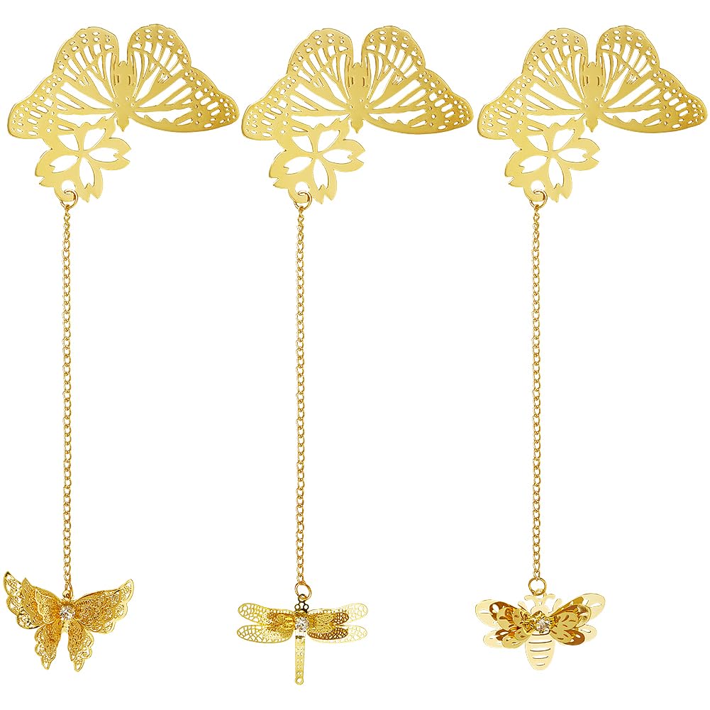 SUNNYCLUE 3Pcs Hollow Butterfly Bookmarks Bulk Gold Butterfly Bookmark Brass Metal Golden Animal Dragonfly Butterflies Book Marks with Chain for Teachers Reading DIY Bookmark Making Handmade Gifts