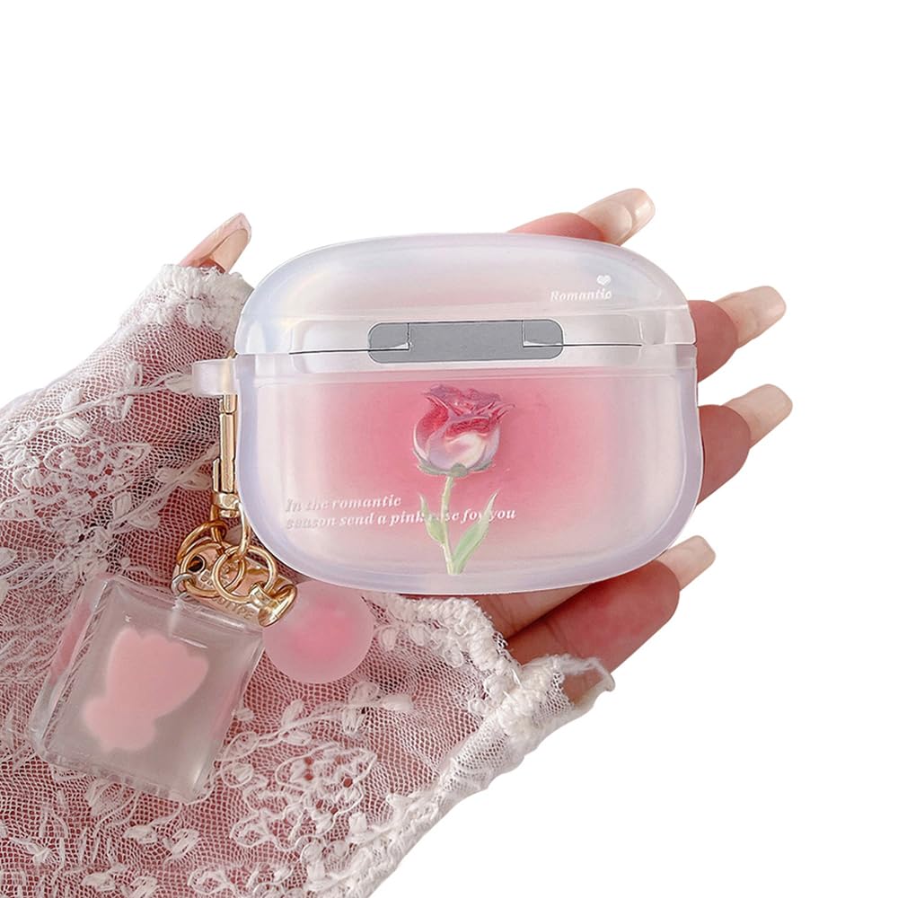 Photo 1 of PHOEACC Compatible with Airpod Pro 2 / Airpod Pro Case Cute Aesthetic Romantic Rose Flower with Keychain Clear Frosted Protective Cover for Girls Women (Rose Pink)