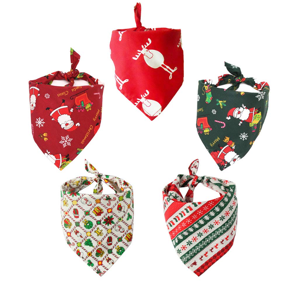 Boerni 5 Pcs Puppy Christmas Bandana, Santa Dog Triangle Scarfs, Washable Dog Christmas Banada for Puppy Small, Medium and Large Pet