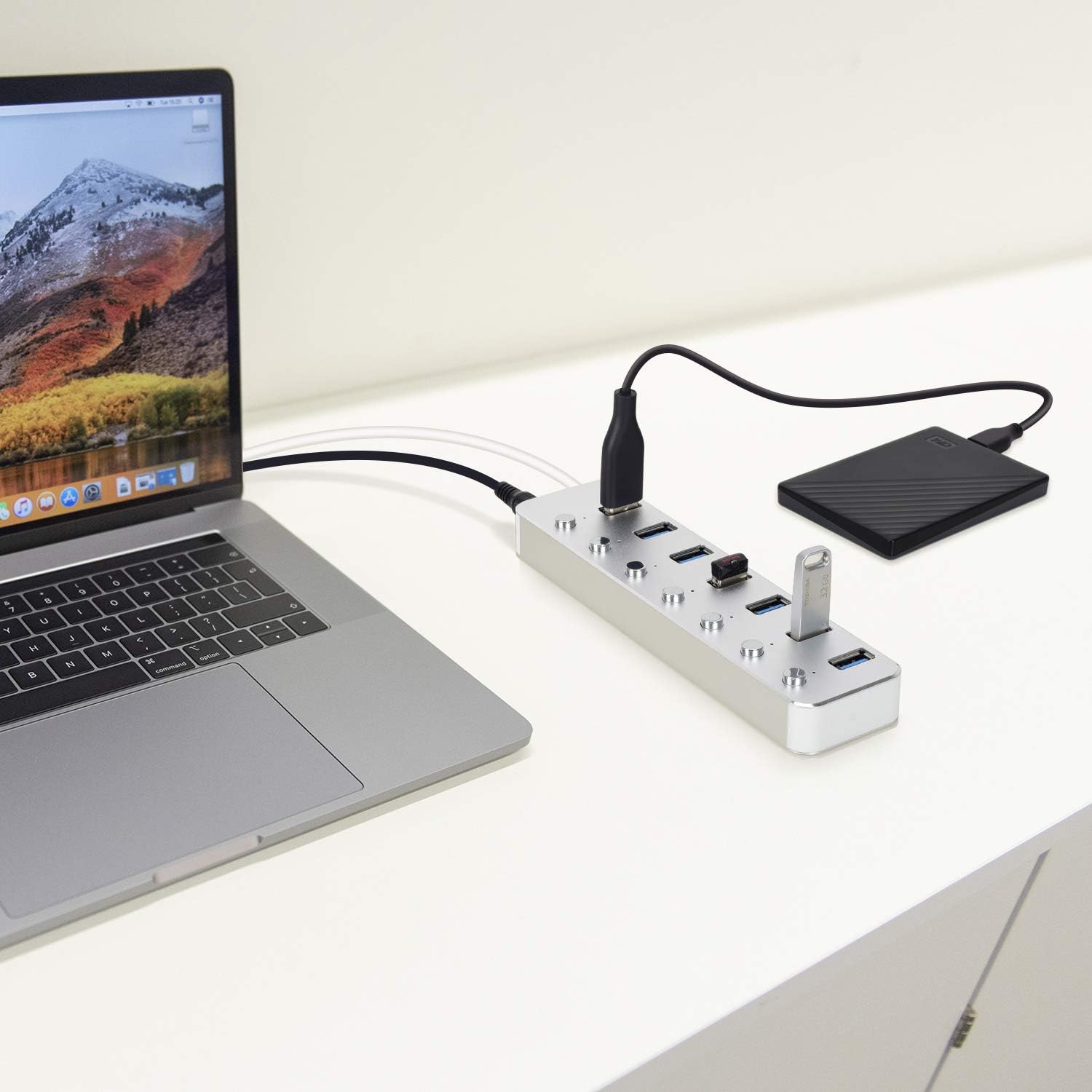 Powered USB 3.0 Hub, Aluminum 7-Port Data Hub Splitter with 5V/2A Power Adapter and USB Cable and Individual Switches for PC Laptop: Computers & Accessories