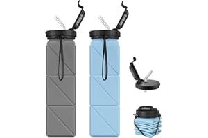 Infitran Collapsible Water Bottles, BPA-Free Silicone Foldable Water Bottle Cup with Straw Strap,Leak-Proof Durable Lightweight Bottle for Gym Travel Camping Hiking Running Sport,2Pack(Gray+Blue)