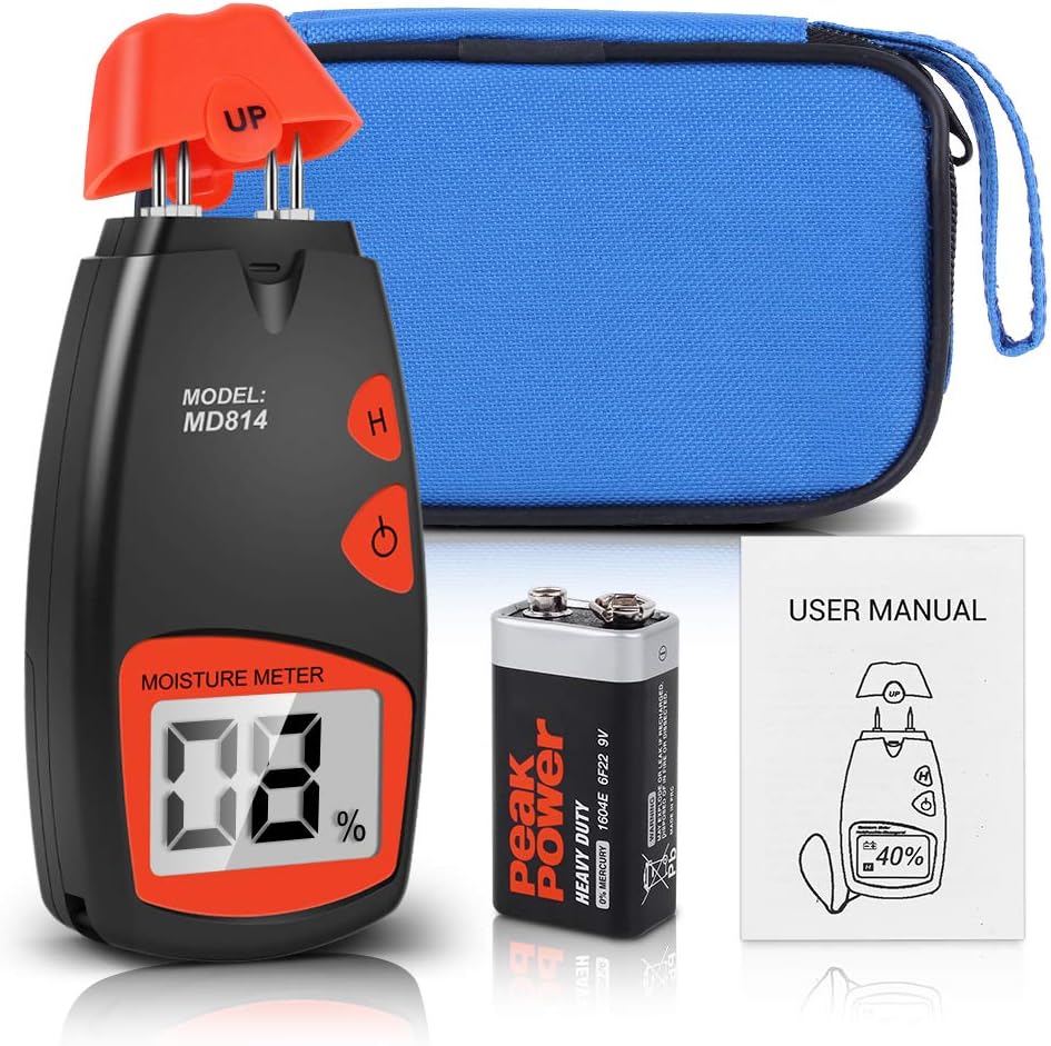 Moisture Meter, Damp Meters for Caravans Digital Log Moisture Meters Handheld LCD Tester Detector with 4 Test Probe Pins and 9V Battery, Firewood Humidity Measuring Range 5%-40%, Accuracy: +/-1%