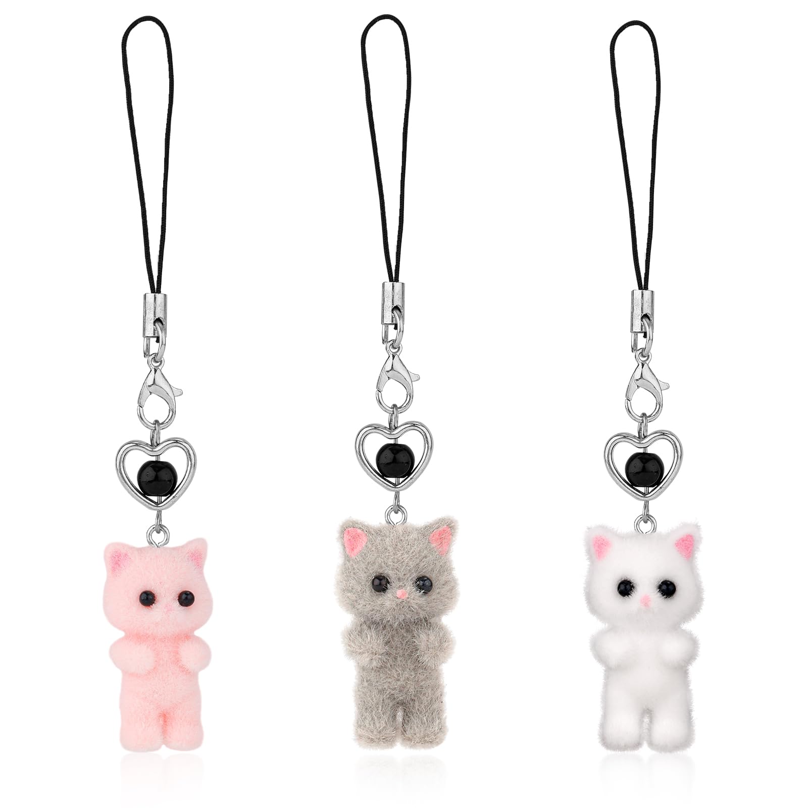 NQEUEPN 3pcs Cute Cat Phone Charms, Kawaii Y2K Fluffy String Aesthetic Mobile Pendant Lanyard for Camera Keychain Bag Decoration Supplies