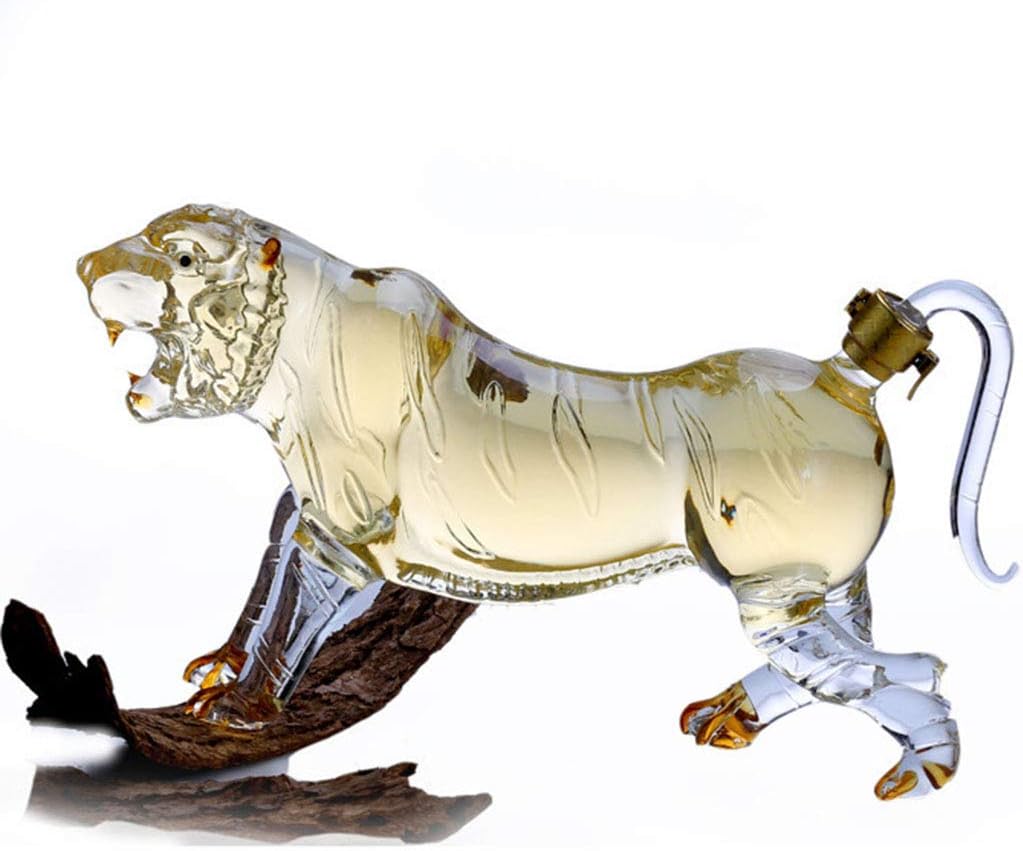 HHORB Tiger-Shaped Whiskey Decanter, 500/1000ML Sparkling Glass Bottle, Animal-Shaped Transparent Household Tiger King Sparkling Bottle for Liquor, Scotch, Bourbon, Vodka,1000ML