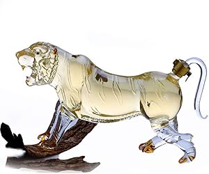 HHORB Tiger-Shaped Whiskey Decanter, 500/1000ML Sparkling Glass Bottle, Animal-Shaped Transparent Household Tiger King Sparkling Bottle for Liquor, Scotch, Bourbon, Vodka,1000ML