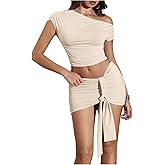 Milumia Women's 2 Piece Sets Off The Shoulder Asymmetric Crop Top Ruched Tie Front Mini Skirt Set