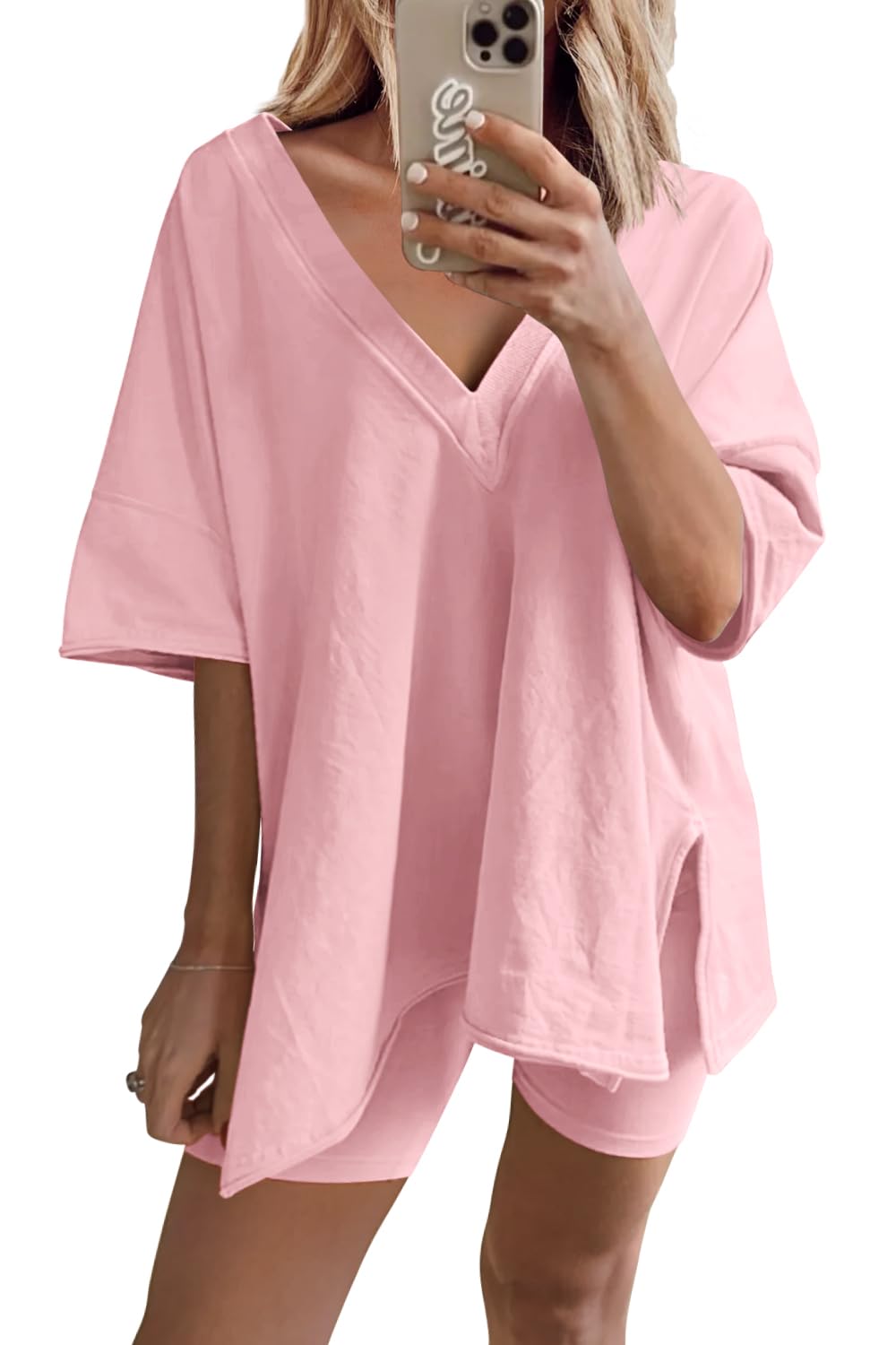 LTSCNRM 2 Piece Outfits for Women Reversible Oversized T-Shirt Biker