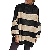 Saodimallsu Womens Oversized Striped Sweater Mock Neck Chunky Knit Lantern Long Sleeve Fall Trendy Tunic Sweaters Top