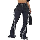 LROSEY Womens Fringe Flare Jeans Stretchy Y2k High Waisted Ripped Bootcut Flared Cowgirl Jeans Pants with Raw Hem