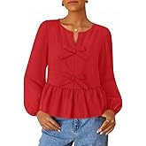 ZESICA Women's Long Sleeve Babydoll Tops Crewneck Tie Front Casual Loose Ruffle Flowy Peplum Shirts 2026 Fall Blouses