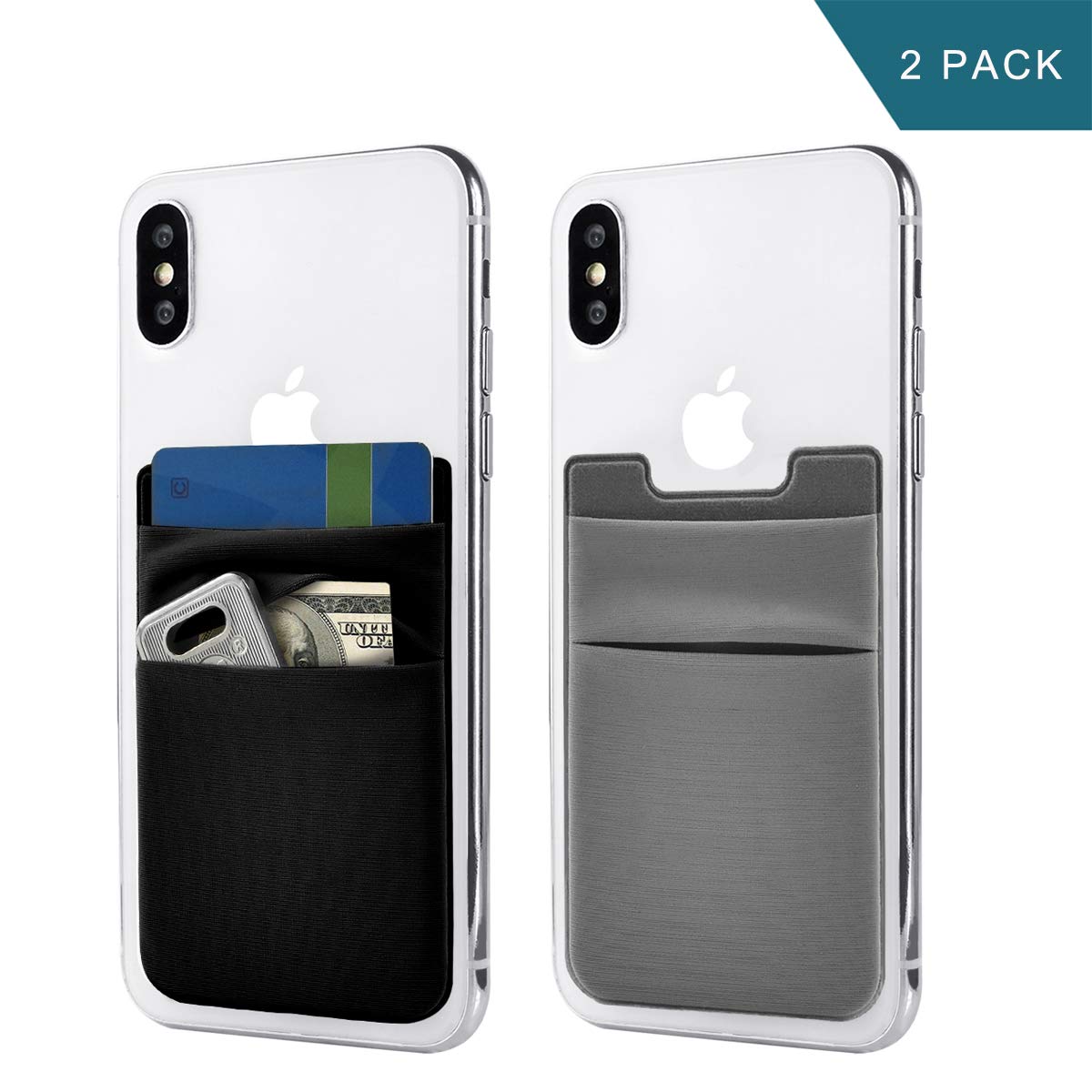 Newseego Pack of 2 Card Wallets for Mobile Phone Stick on Card Holder Wallet Purse Phone Pouch Extendable Sleeve Phone for Smartphones (Black and Grey)