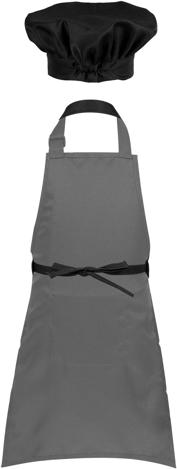 inlzdz Kids Children Chef Kitchen Apron Hat Outfit Adjustable Bib Artist Apron for Cooking Baking Painting Training Crafting Wear Black 8-12 Years - Image 3