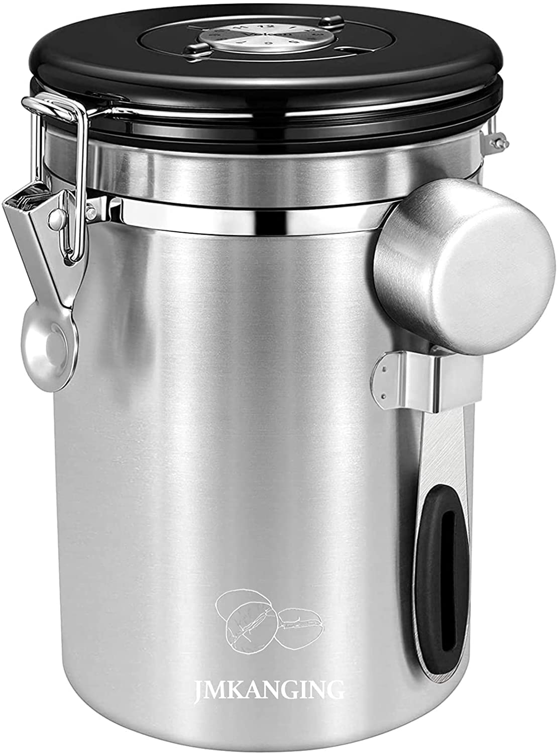 Coffee Storage Stainless Steel 1200ml, Tea and Sugar Containers w/Date-Tracker & Measuring Scoop & CO₂-Release Valve for Freshness​ (1.5, Stainless Steel, 1, JMK01S)