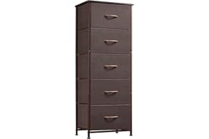 Somdot Tall Dresser for Bedroom with 5 Drawers, Storage Chest of Drawers with Removable Fabric Bins for Closet Bedside Nursery Laundry Living Room Entryway Hallway, Coffee Brown/Dark Walnut