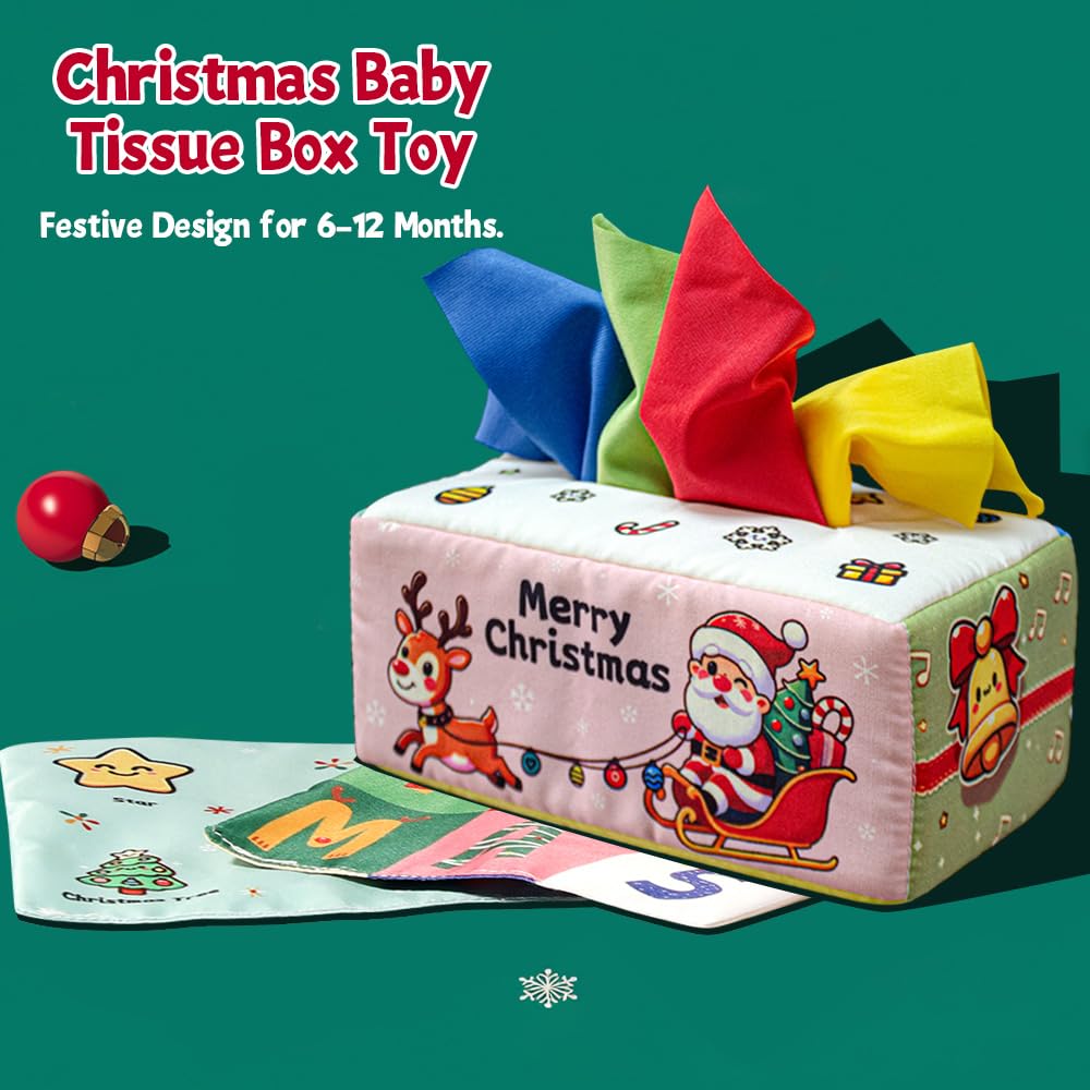 Christmas Baby Toy for 6-12M – Christmas Tissue Box Sensory Pull Toy with Crinkle Papers, Handkerchiefs & Scarves – Ideal Stocking Stuffer for Toddlers
