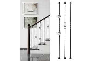 Gleefurny Balusters for Staircase Interior - Stair Spindles, Banister, Hollow, 1/2inch x 44inch, Single Basket, Double Basket, Single Twist Iron Balusters and Swivel Shoes (Pack of 9), Satin Black