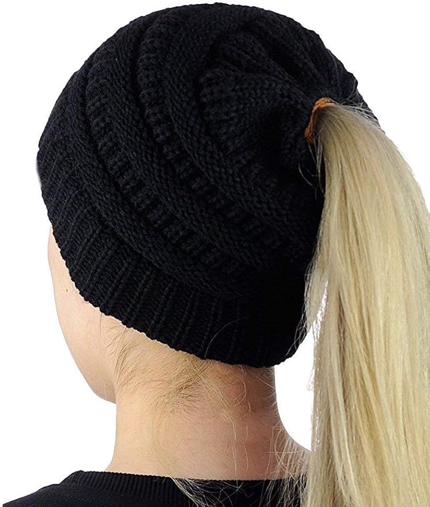 Beanies Women Stretch Knit Hat Messy Bun Holes Beanie Ponytail Warm