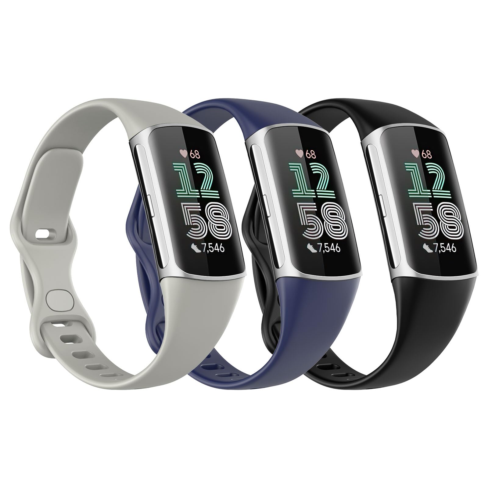 Astorgos 3 Pack Slim Straps Compatible with Fitbit Charge 6/Charge 5 for Women Men, Soft TPE Watch Strap Thin Band Replacement Wristband, Black/Dark Blue/Rock Gray