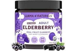 Llama Naturals Elderberry Gummies for Adults, Vegan, Organic Immune Support Supplement with Vitamin C and Zinc, Real Fruit Gummy Vitamins for Immunity, Chewable, No Added Sugar Cane, 90 Ct
