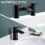 Peppermint Matte Black Waterfall Bath Basin Mixer Taps Set Deck Mount Pop-up view 2