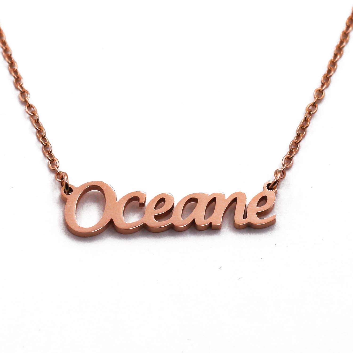 Kigu Oceane Personalised Name Necklace 18ct Rose Gold Plated, Custom Dainty Name Pendants, Jewellery for Ladies, Girlfriend, Mother, Sister, Friends