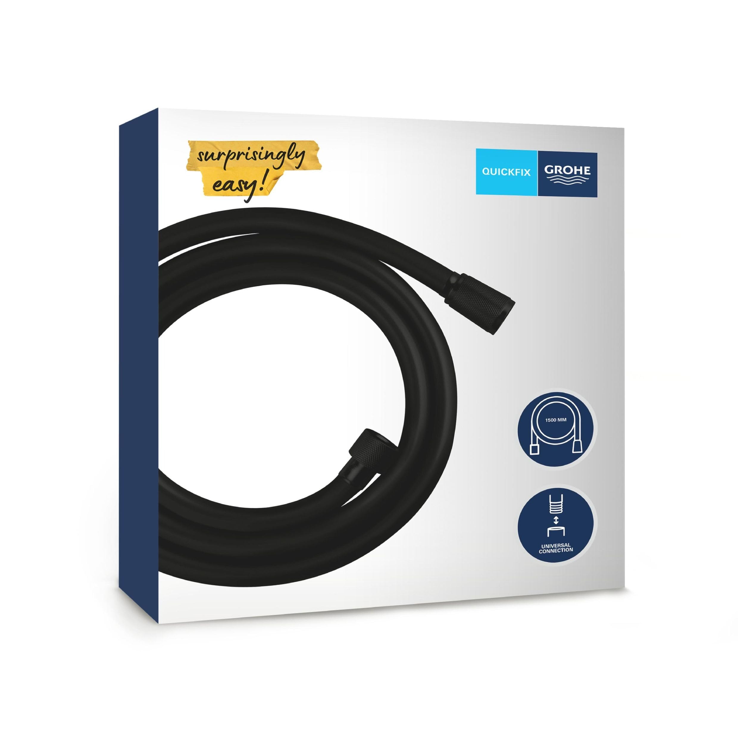 GROHE VitalioFlex Trend QuickFix – Smooth Shower Hose (1.5 m, Pressure Resistance Up to 5 Bar, Tensile Strength 50 kg, Heat Resistance 70°C, Universal Connection G 1/2" x 1/2"), Matt Black, 287412432