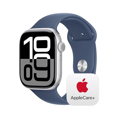 Apple Watch Series 10 [GPS 46mm] with Silver Aluminium Case with Denim Sport Band - M/L. Fitness Tracker, ECG App, Always-On Retina Display, Water Resistant with AppleCare+ (2-years)