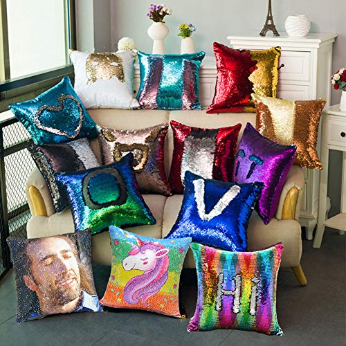 URSKYTOUS Reversible Nicolas Cage Sequin Pillow Case Decorative Mermaid Pillow Cover Color Changing Cushion Throw Pillowcase 16" x 16",Nicolas and Gold
