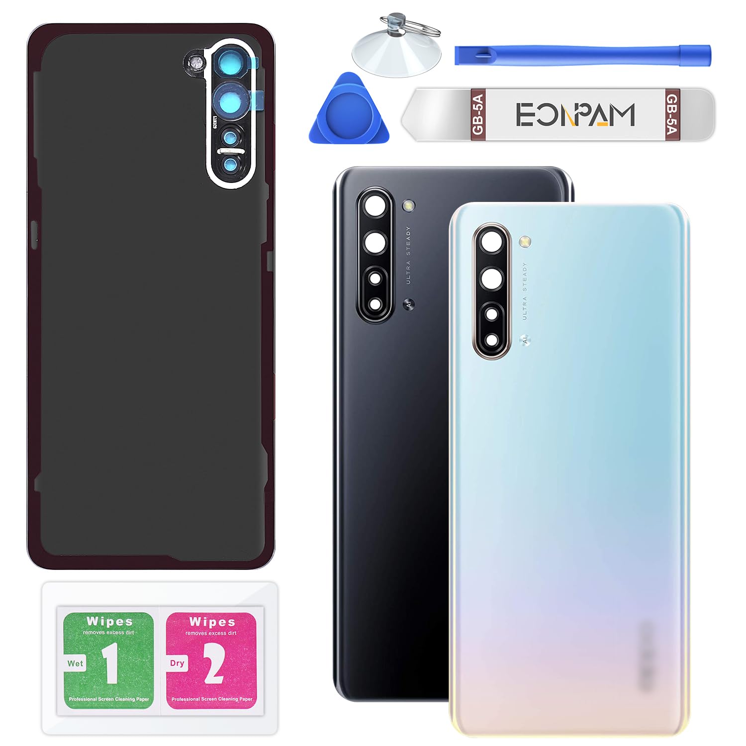Eonpam Back Cover Glass for Oppo Find X2 Lite Rear Glass Replacement with Camera Lens + Repair Kit Genuine Rear Housing (White)