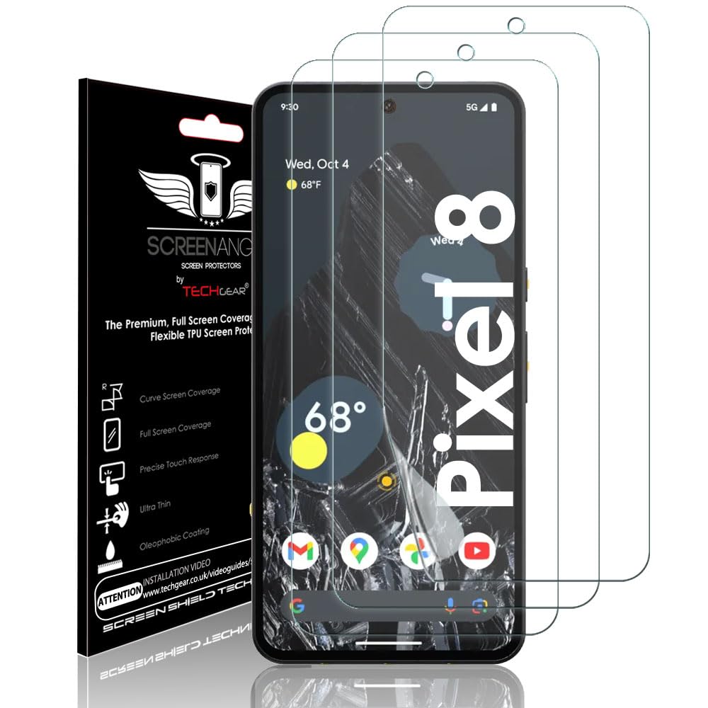 TECHGEAR [3 Pack Screen Protector fits Google Pixel 8 [Screen Angel Edition] [In-Display FingerID Support][Case Friendly] [Bubble Free] [FULL Screen Coverage] HD Clear Flexible TPU Film