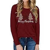 Women's Merry Christmas Shirts Funny Leopard Plaid Tree Graphic Cute Long Sleeve Crewneck Tees Tops