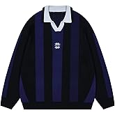 Bakyarder Vintage Polo Sweater Striped Oversized Colorblock Pullover Retro Long Sleeve Knit Top
