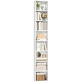 FOTOSOK Bookshelf Bookcase 8-Tier Narrow Bookshelf Tall CD Media Tower Rack | 11.6 X 9.3 X 70.9 White Bookshelf, Tall Narrow Slim Skinny Display Bookcase with Cube Storage and 4 Adjustable Shelves