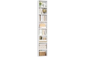 FOTOSOK 8-Tier Media Tower Rack, 11.6 X 9.3 X 70.9 Inches CD DVD Slim Storage Cabinet with Adjustable Shelves, Tall Narrow Bookcase Display Bookshelf for Home Office, White