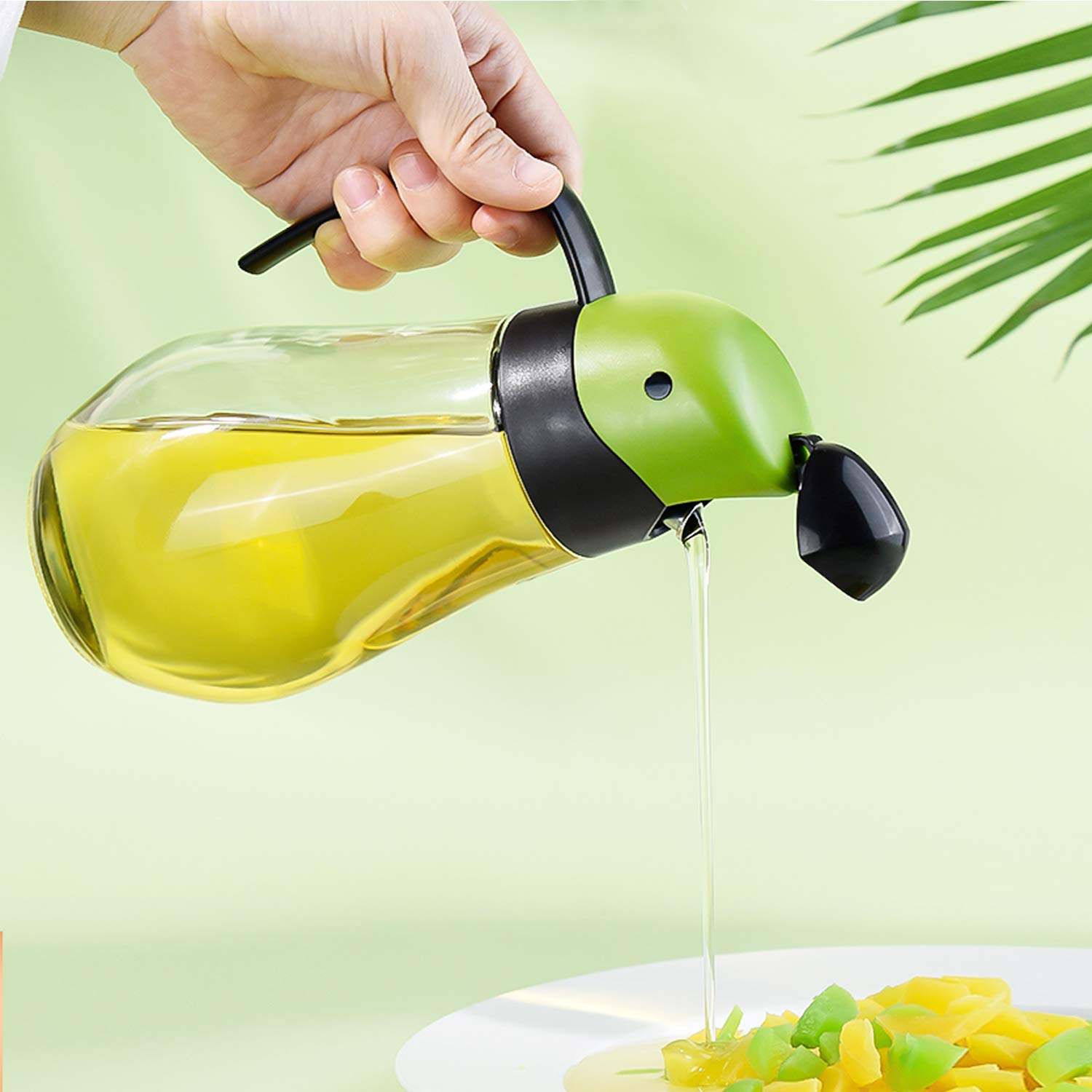 Olive oil dispenser automatic cap 20oz/600ml, glass oil bottle suitable for kitchen, no drip parrot shape design (Green-20oz)