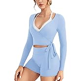 VOYJOY Women Ballet Wrap Top Long Sleeve Shirt Blouses Y2K Workout Gym Active Adjustable Tie Shirt Tops
