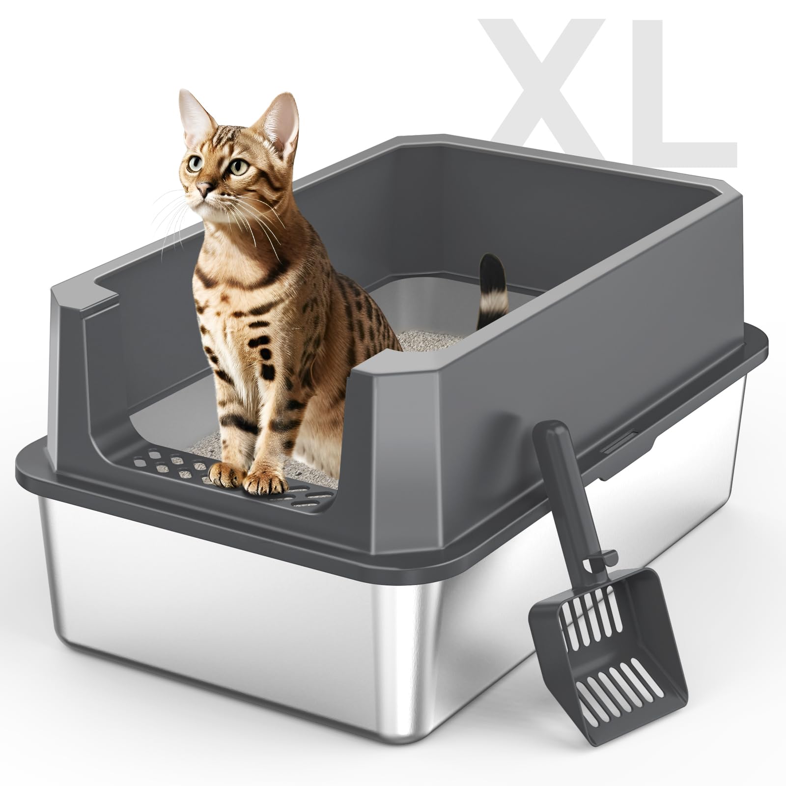 Photo 1 of Stainless Steel Litter Box, Extra Large Litter Boxes for Big Cats, XLarge Metal Cat Litter Box with Lid, Anti-Urine Leakage XL Box with High Sides, Easy Clean, Non-Sticky, Scoop Included