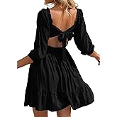 Phortric Womens Summer Tie Back Dress Square Neck Lantern Sleeve Off Shoulder Casual Mini Dresses