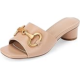 Coutgo Womens Heeled Slides Sandals Square Open Toe Slip on Comfortable Mules Block Low Heel Metal Chain Dressy Shoes