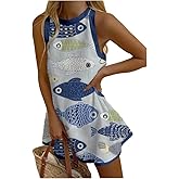 MAKALALA Women Lobster Dress Fish Print Summer Crewneck A Line Tank Mini Dress Cute Graphic Sundress for Beach