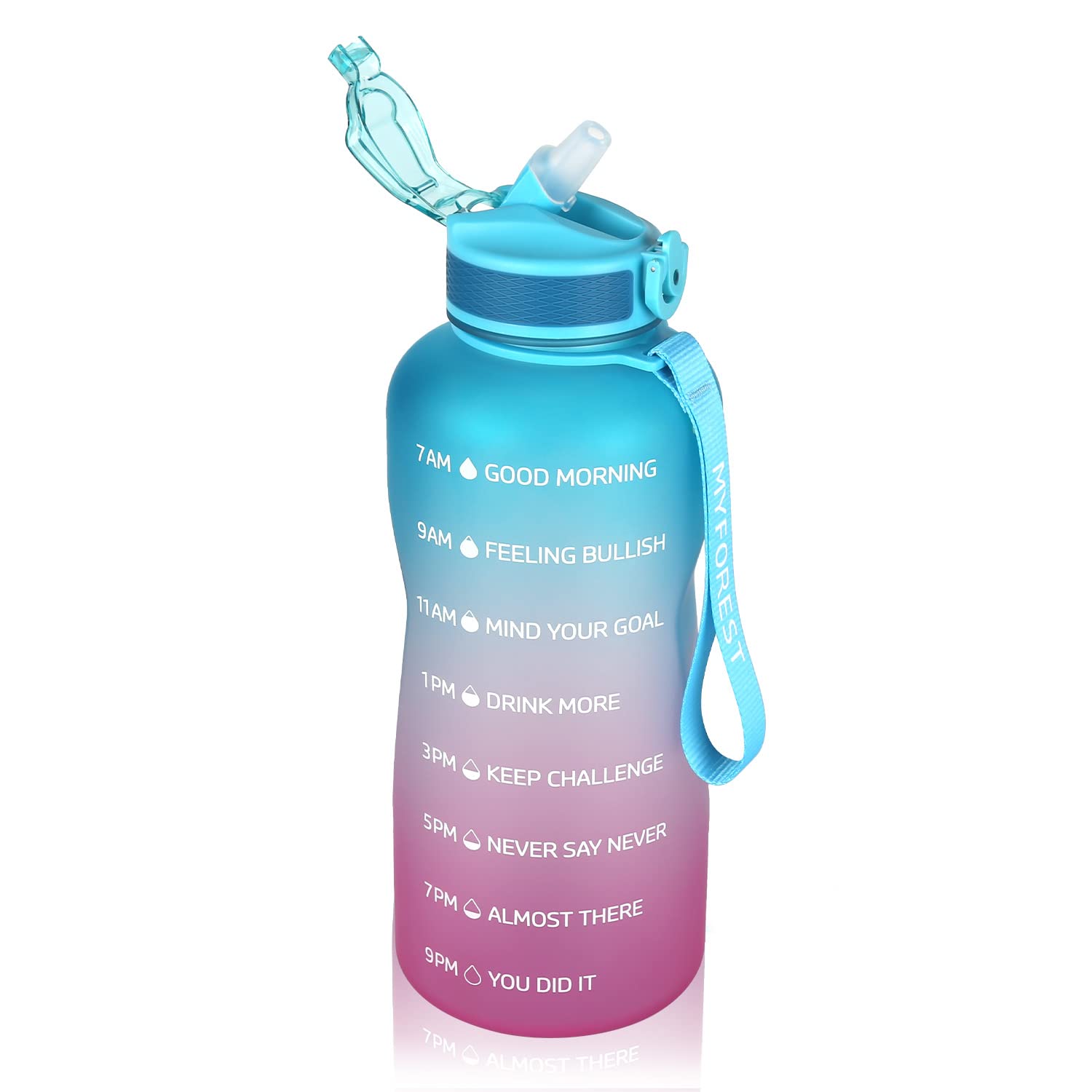 MYFOREST Sports Water Bottle, Time Marker for Motivational Hydration, Drop-proof, BPA-free, Wide Mouth for Easy Clean: Cold/Hot/Carbonated/Cider (2.2 L Blue-pink2, 2200 ml) — image 1